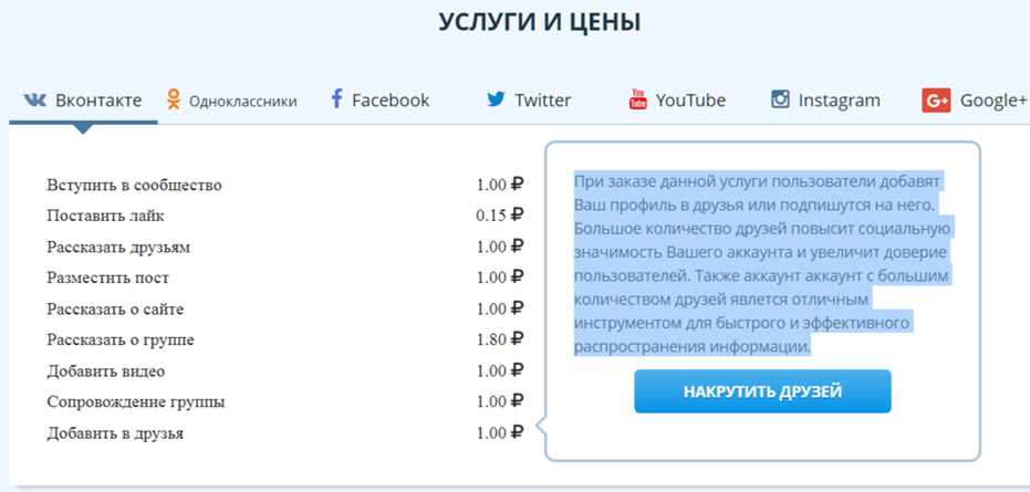 услуги и цены ВКТаргет по накрутке подписчиков ВКонтакте